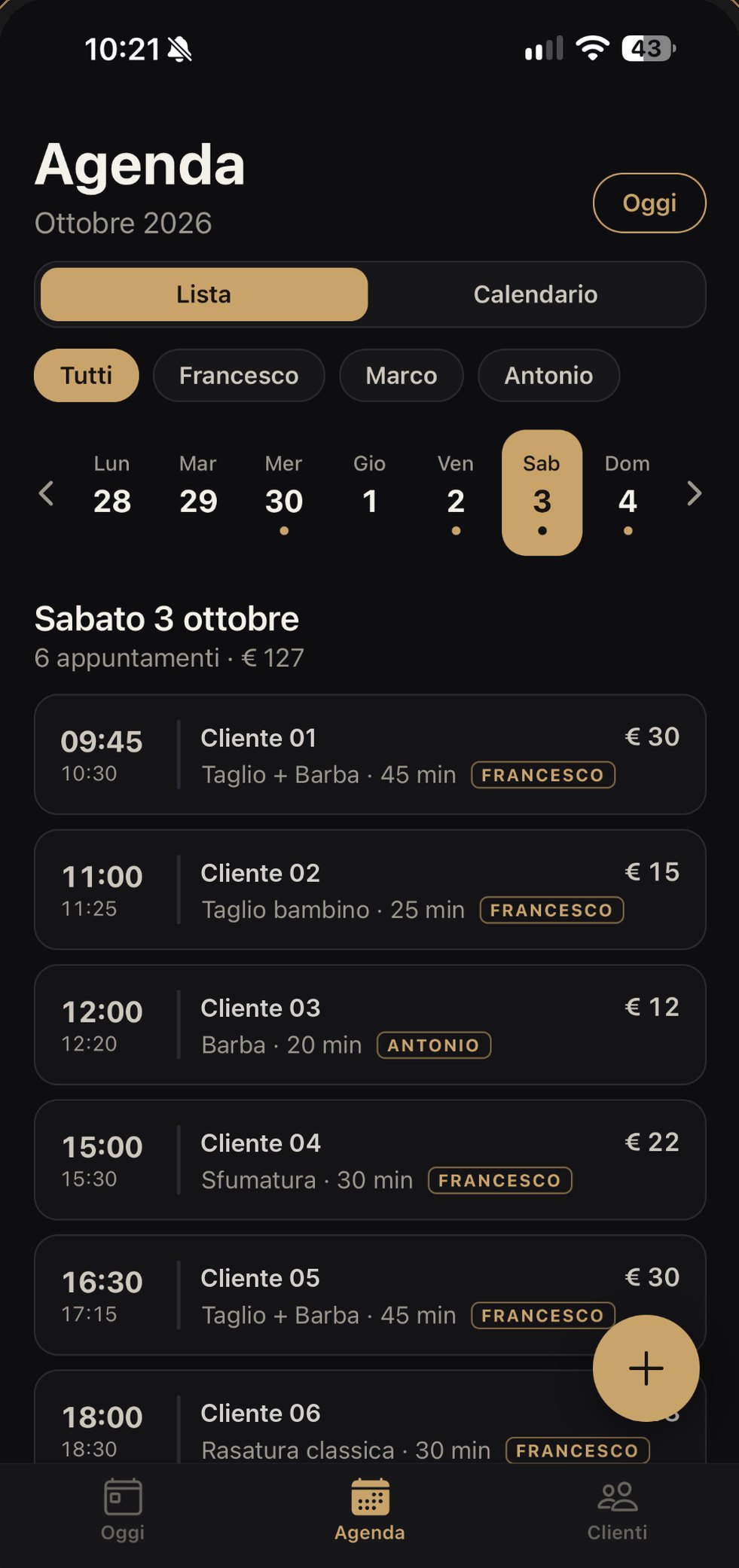 BarberPlanner: agenda giornaliera del barbiere con lista appuntamenti, servizi, prezzi e barbiere assegnato