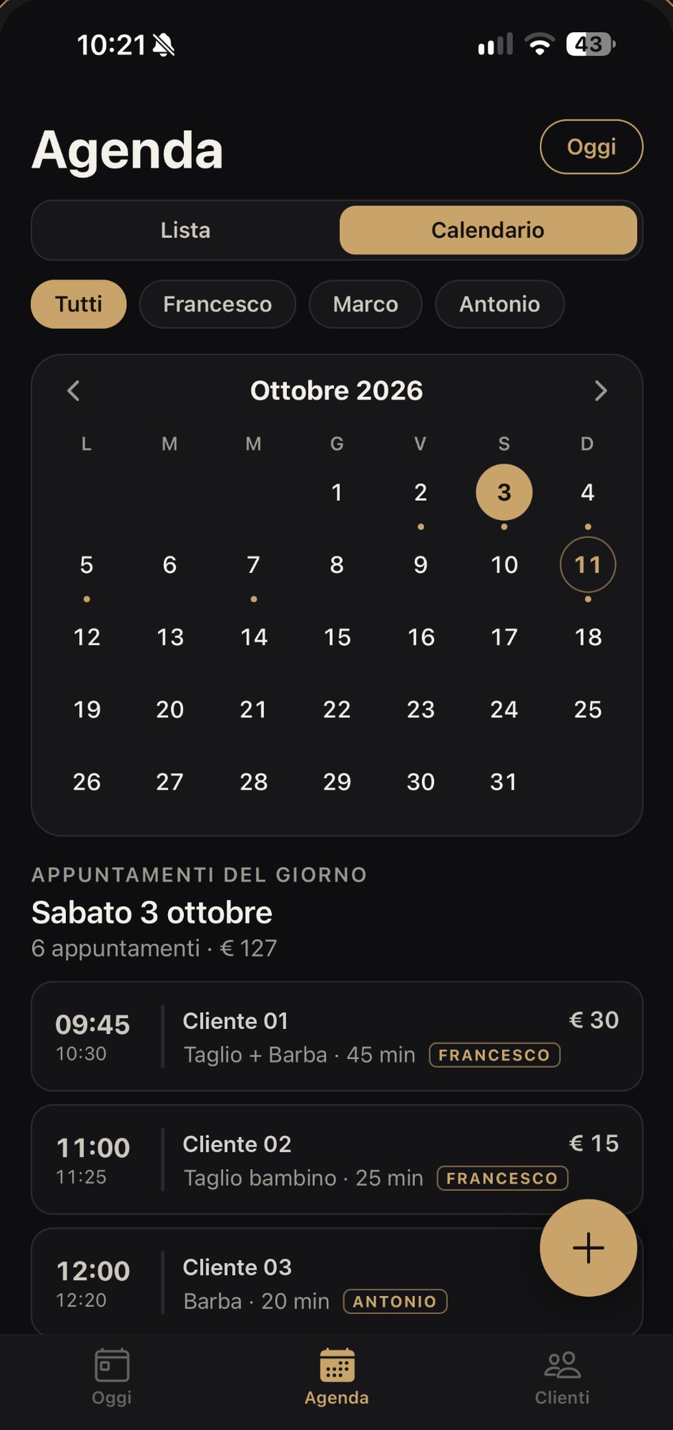 BarberPlanner: agenda appuntamenti in vista calendario mensile con filtro per barbiere