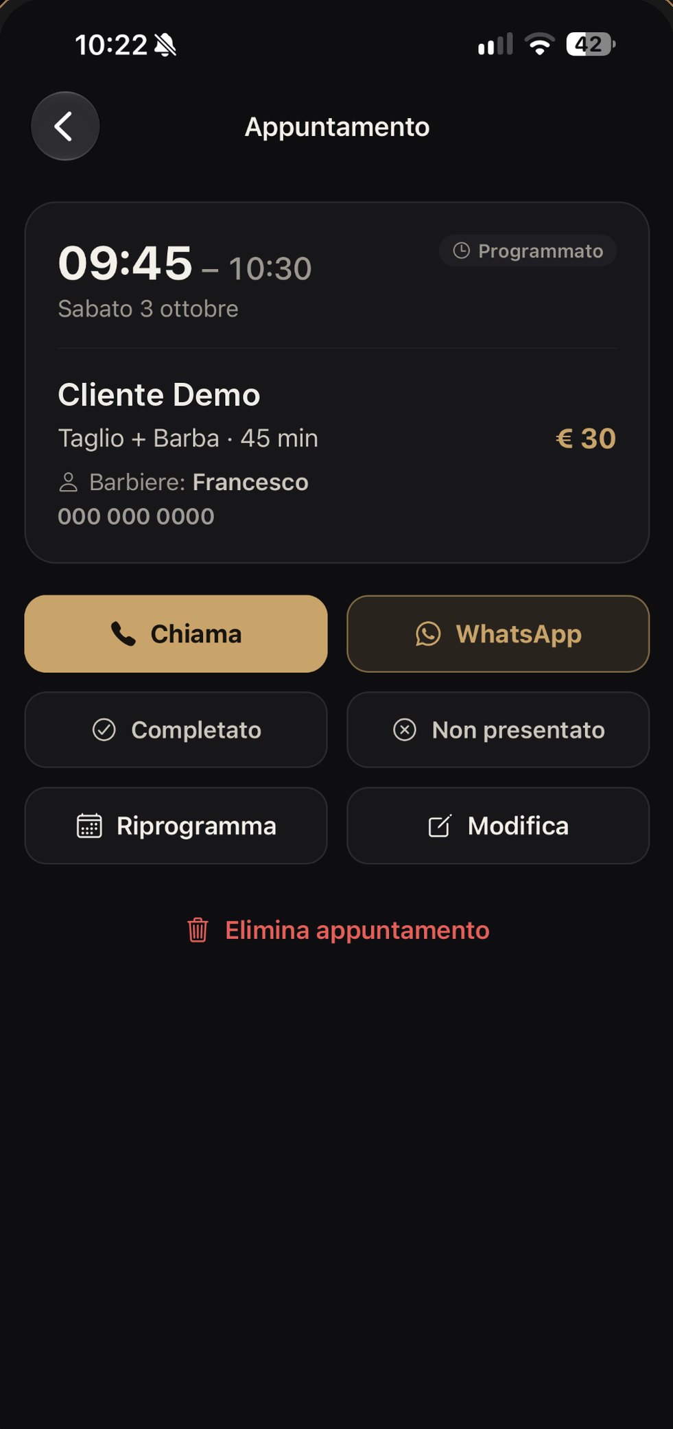 Dettaglio appuntamento in BarberPlanner con pulsanti Chiama e WhatsApp, completato, non presentato, riprogramma e modifica