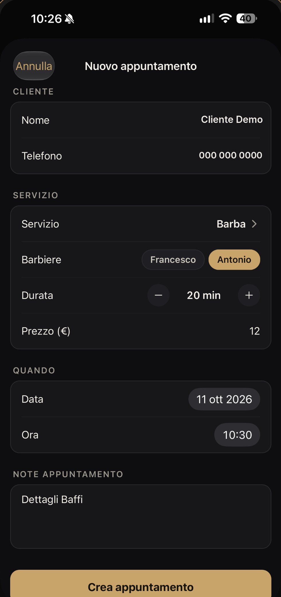 Inserimento nuovo appuntamento in BarberPlanner: cliente, servizio, barbiere, durata, prezzo, data, ora e note
